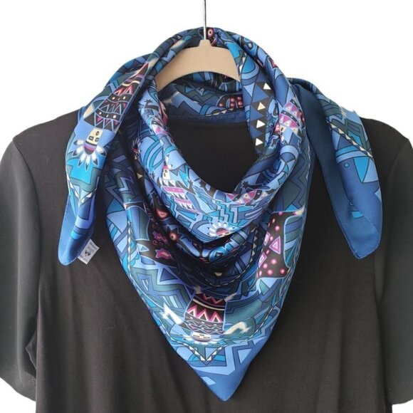 Vintage Jocelyne Mauge Blue & Magenta Scarf With Ethnic Print - Picture 2 of 8